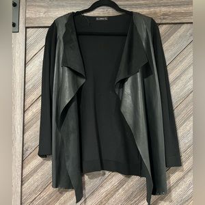 Zara faux leather patchwork black drape front cardigan. Size Small